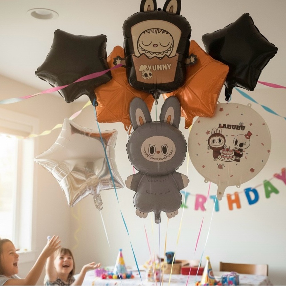Big monster Labubu Balloons 8 piece set- birthday party, Black, Orange, Silver